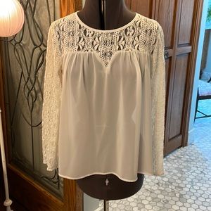 Ivory sheer and lace sleeve blousy blouse.  M